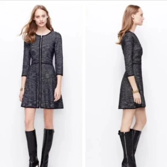 Ann Taylor Chevron Fit & Flare Knit Sweater Dress Short Black White Extra Small - Picture 1 of 10